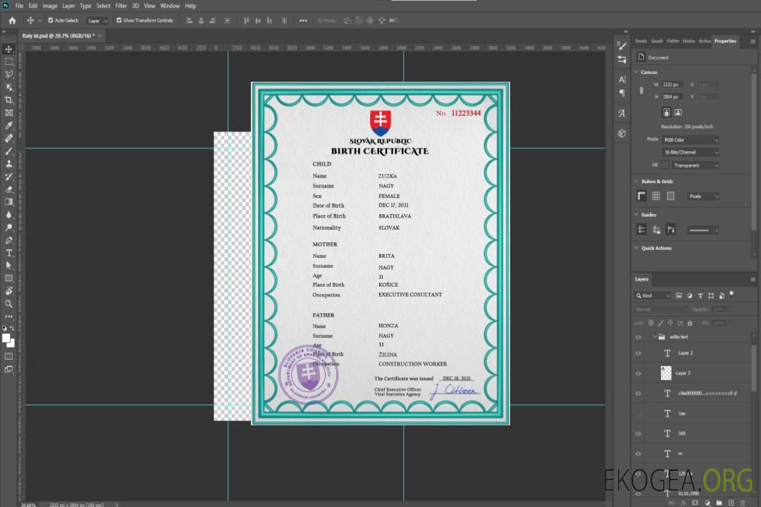 Modèle PSD de certificat de naissance en Slovaquie template
